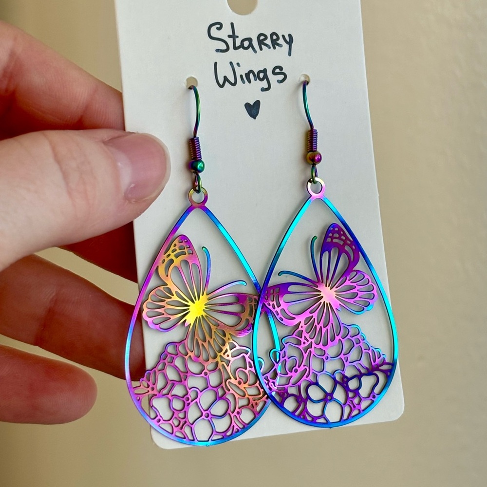 🦋 Starry Wings Iridescent Butterfly Earrings – Rainbow Teardrop Boho Festival